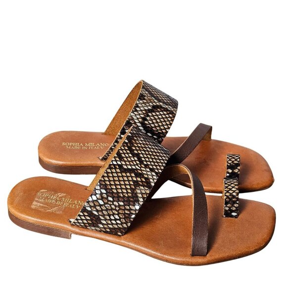 Sophia Milano Snake Faux Leather Straps Flat Slide Sandals Open Toe 7.5 Brown - Picture 1 of 10